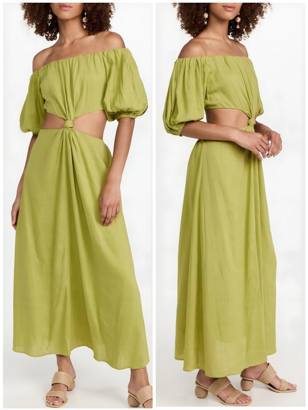 Moon River Linen Green Cut Out Off Shoulder Dress, XS